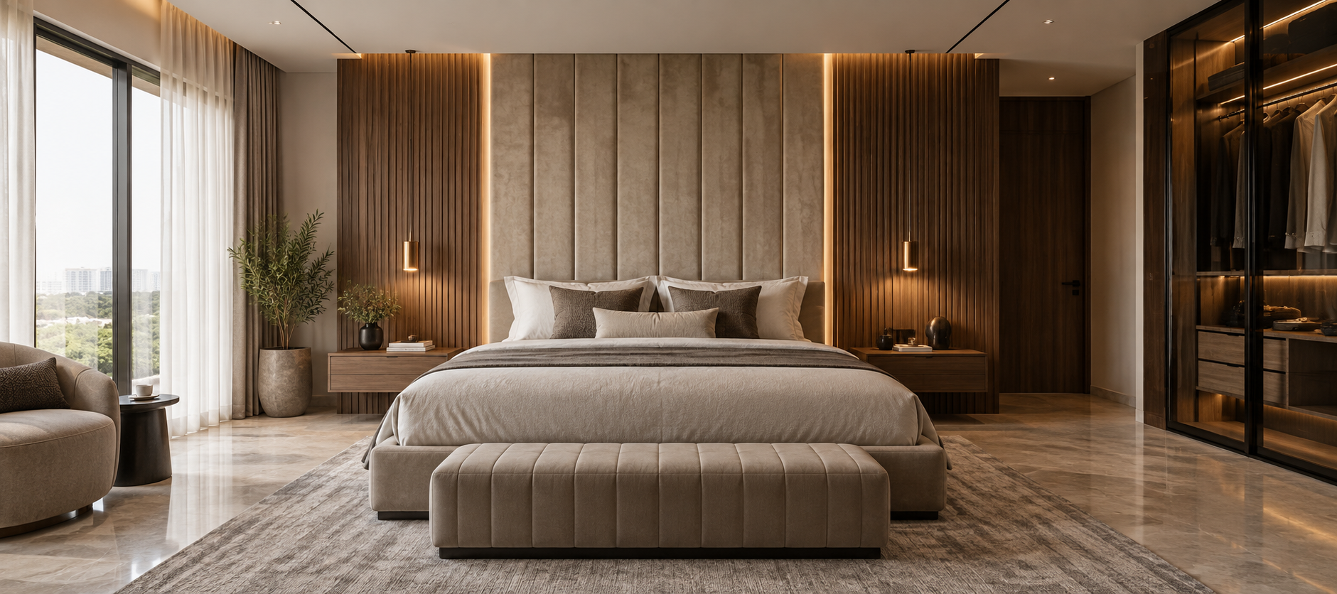 Modern master bedroom with warm wood and upholstered panelling