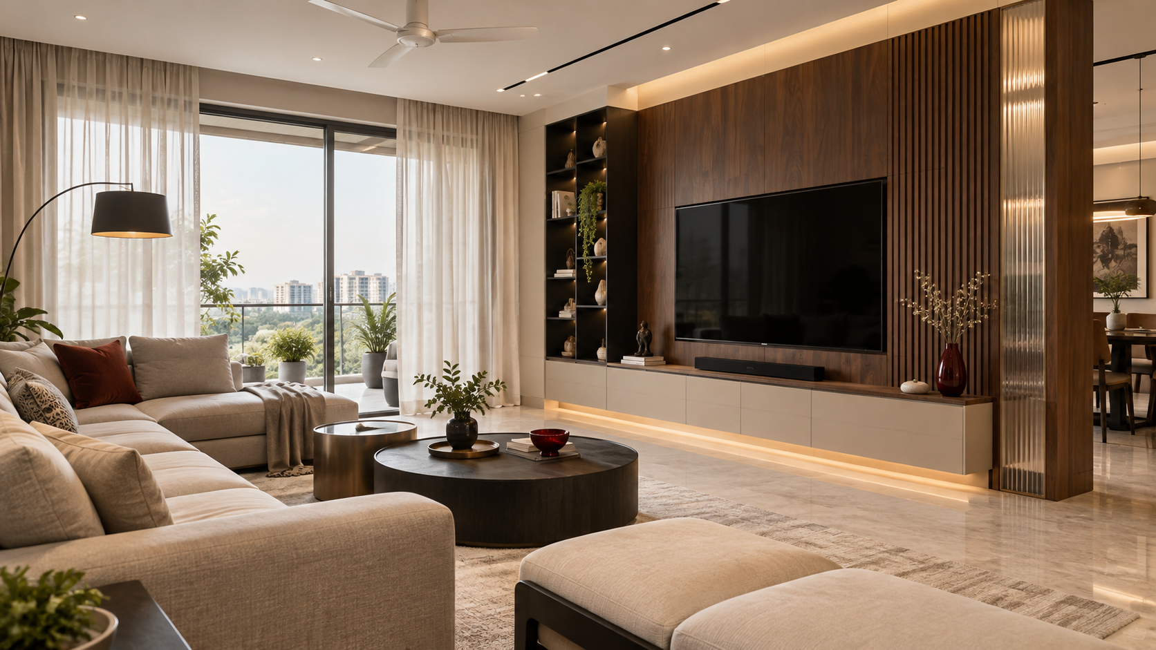Modern walnut and ivory living room interior by Cube4 Interio