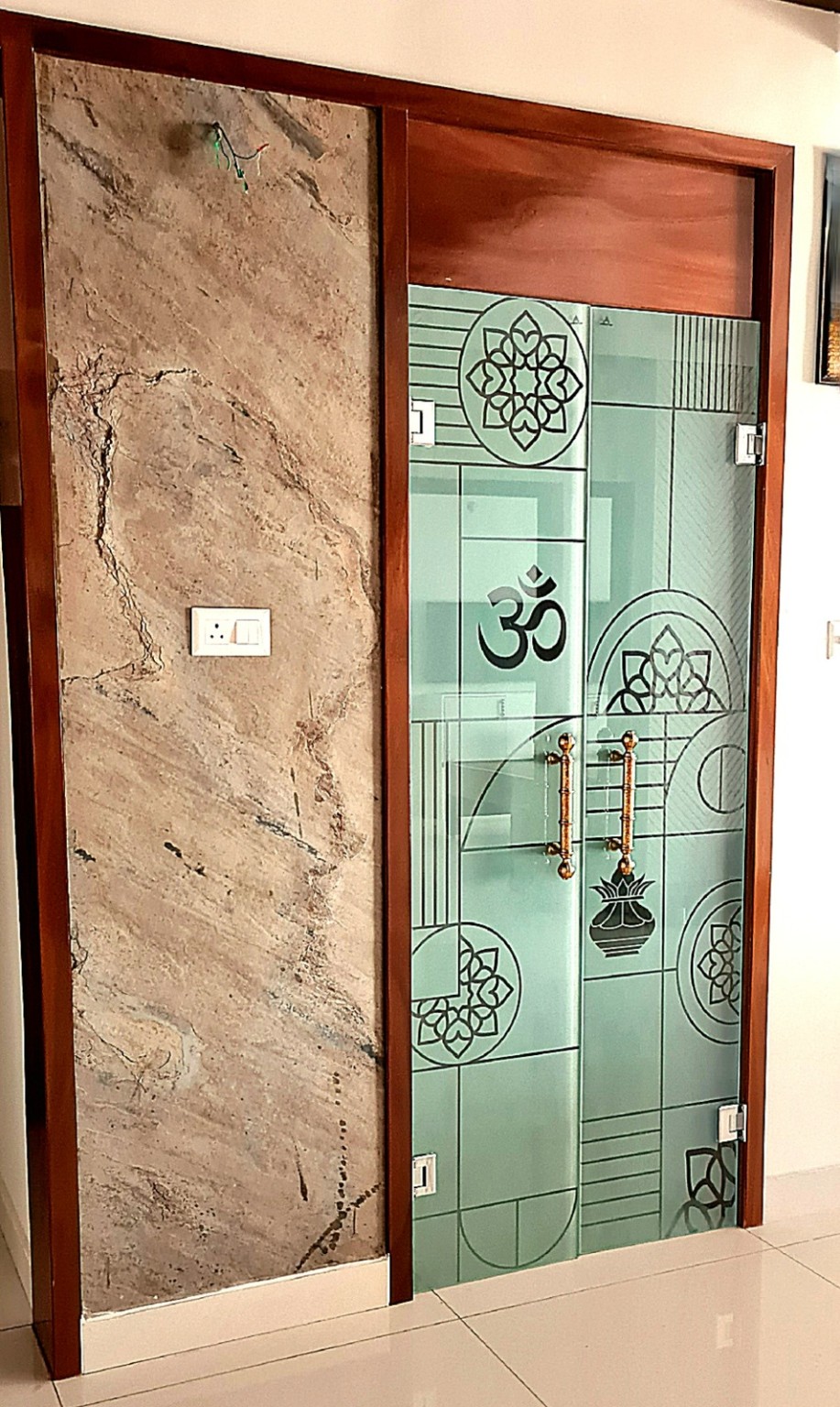 Decorative glass pooja room door with wooden frame